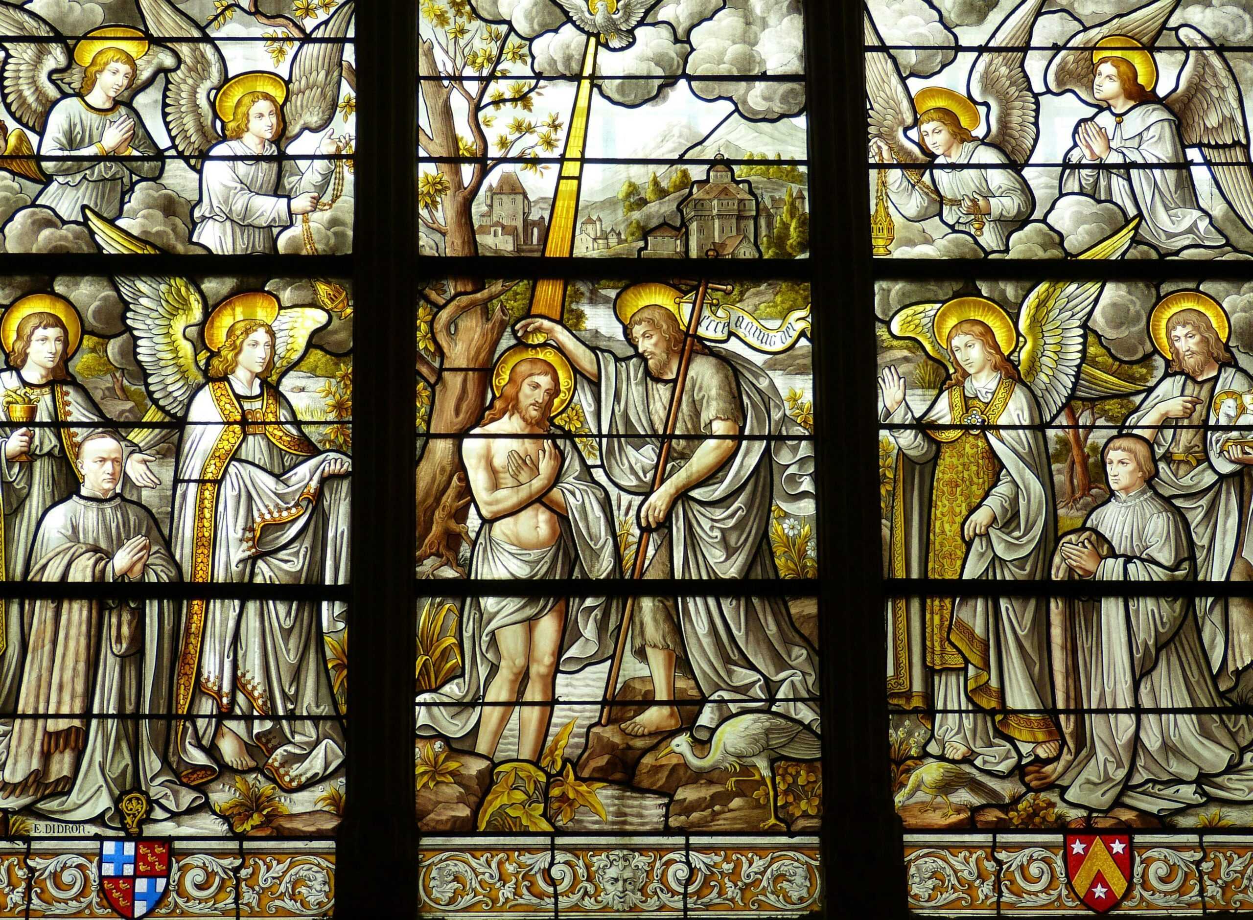 pexels photo 208414 208414 scaled Detailed stained glass artwork illustrates biblical scenes in a church setting.