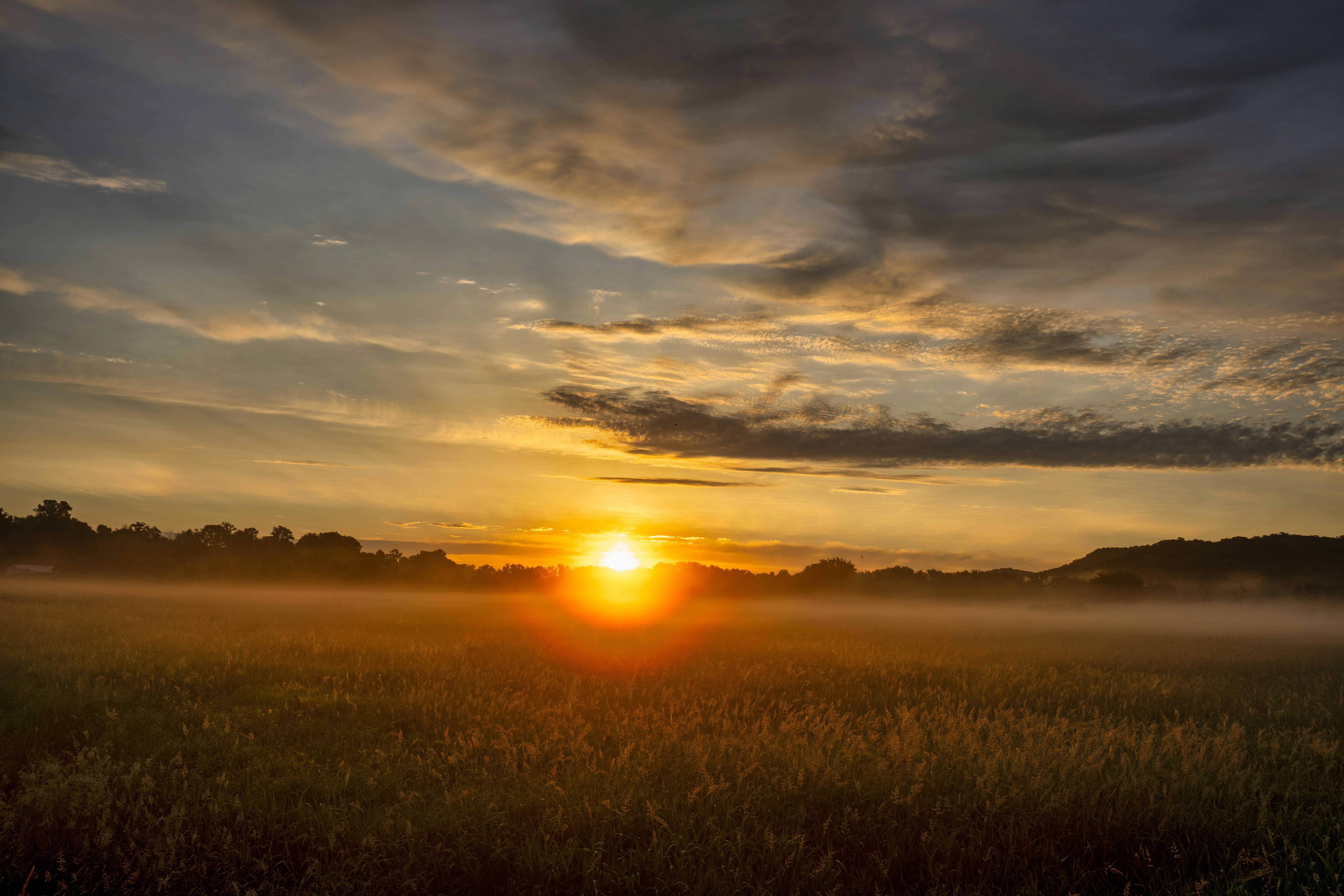 Dramatic sunrise with golden hues over a misty rural landscape in Modena, WI.